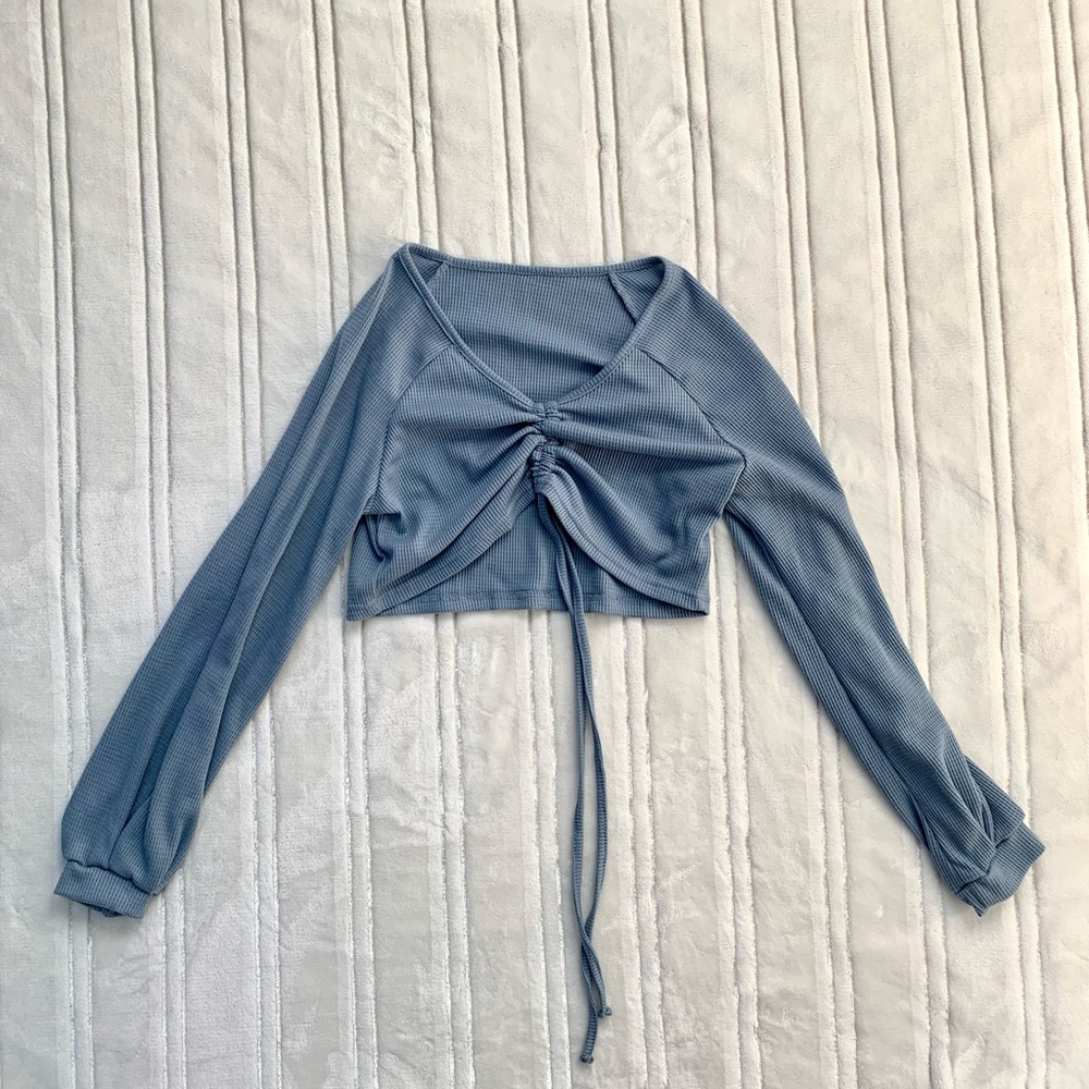 BLUE LONG SLEEVE TIE TOP